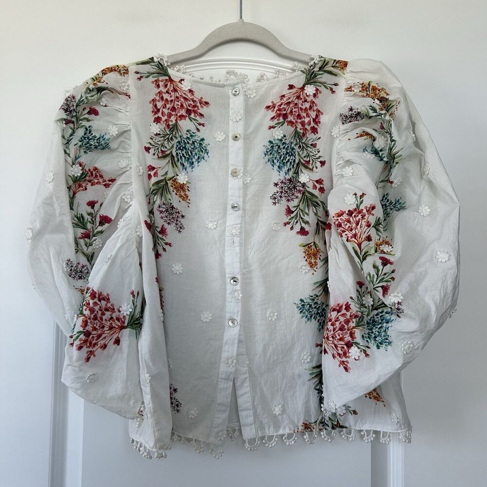 FARM RIO Louise Floral Print Womens Sz S Blouse Embroidery Puff Sleeves Romantic - Picture 8 of 14
